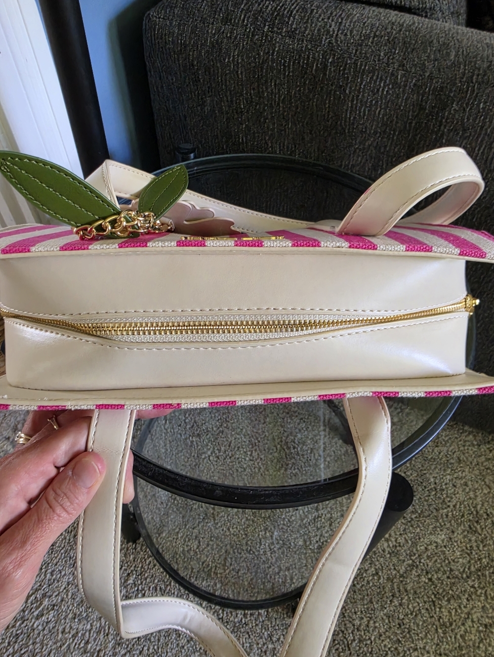 Betsey Johnson White & Pink Striped Women’s Handbag with Floral Charm - Picture 6 of 7